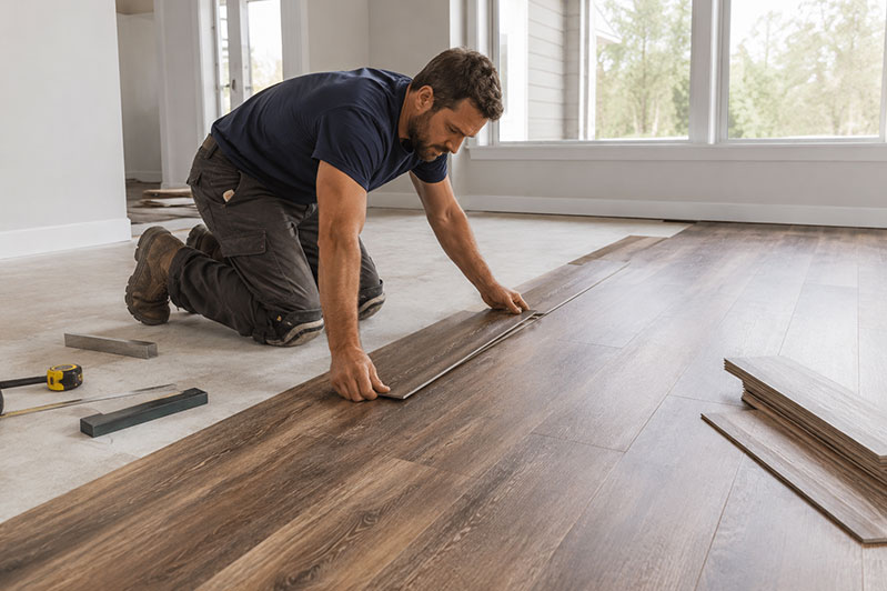 Professional installer fitting new flooring in a Houston home