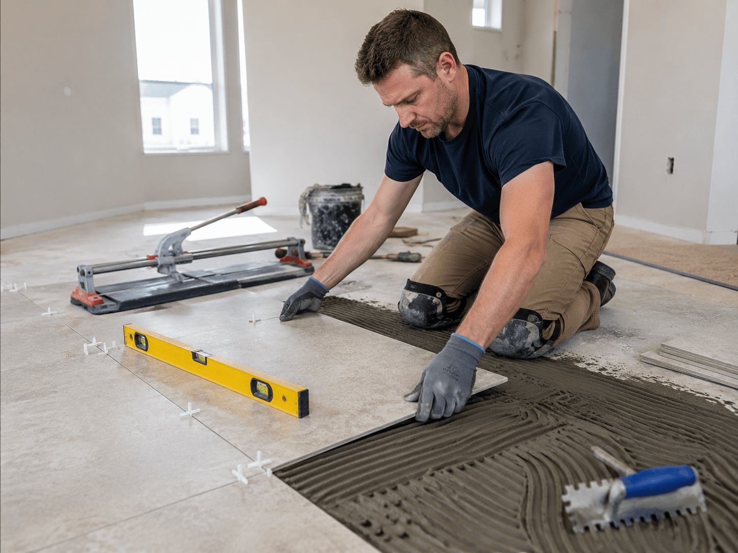Professional tile installer setting floor tile in a Houston home
