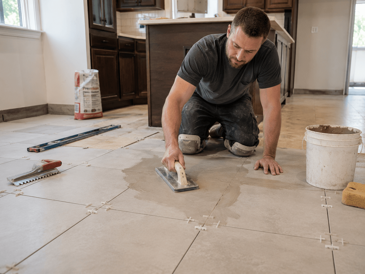 Tile installation process showing subfloor prep, layout, and grouting